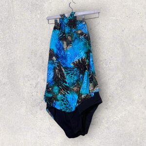 Venus Women's Blue/Print High Neck Sash Halter Swimsuit Handkerchief PLUS Size24
